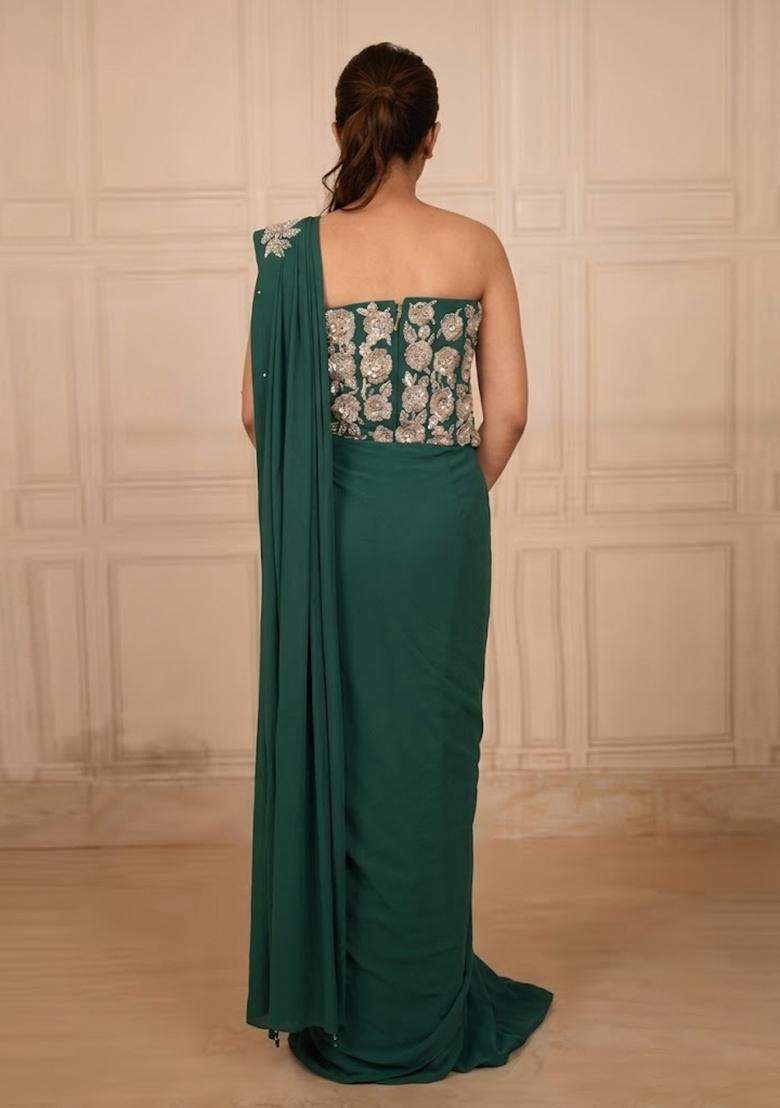 Teal Green Hand Work Chinon Pre Draped Saree Set - Indya