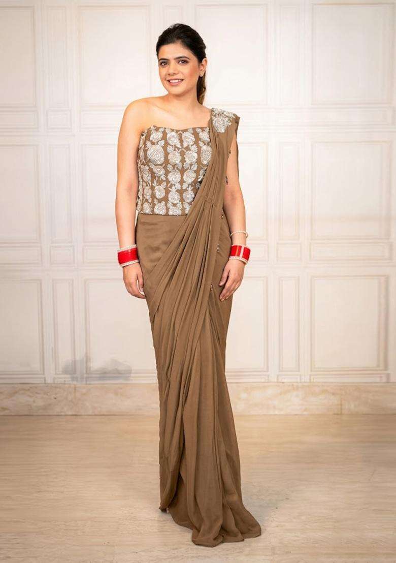 Coffee Brown Hand Work Chinon Pre Draped Saree Set - Indya