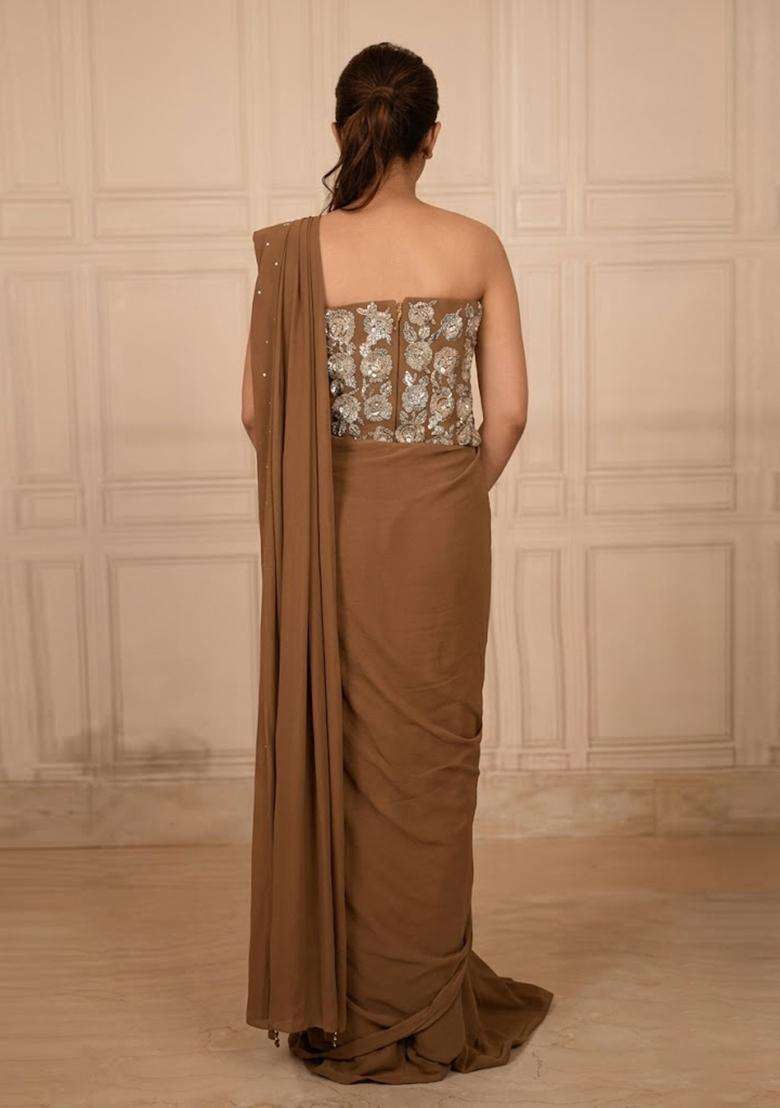 Coffee Brown Hand Work Chinon Pre Draped Saree Set - Indya