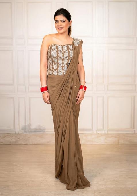 Coffee Brown Hand Work Chinon Pre Draped Saree Set