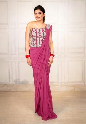 Pink Hand Work Chinon Pre Draped Saree Set