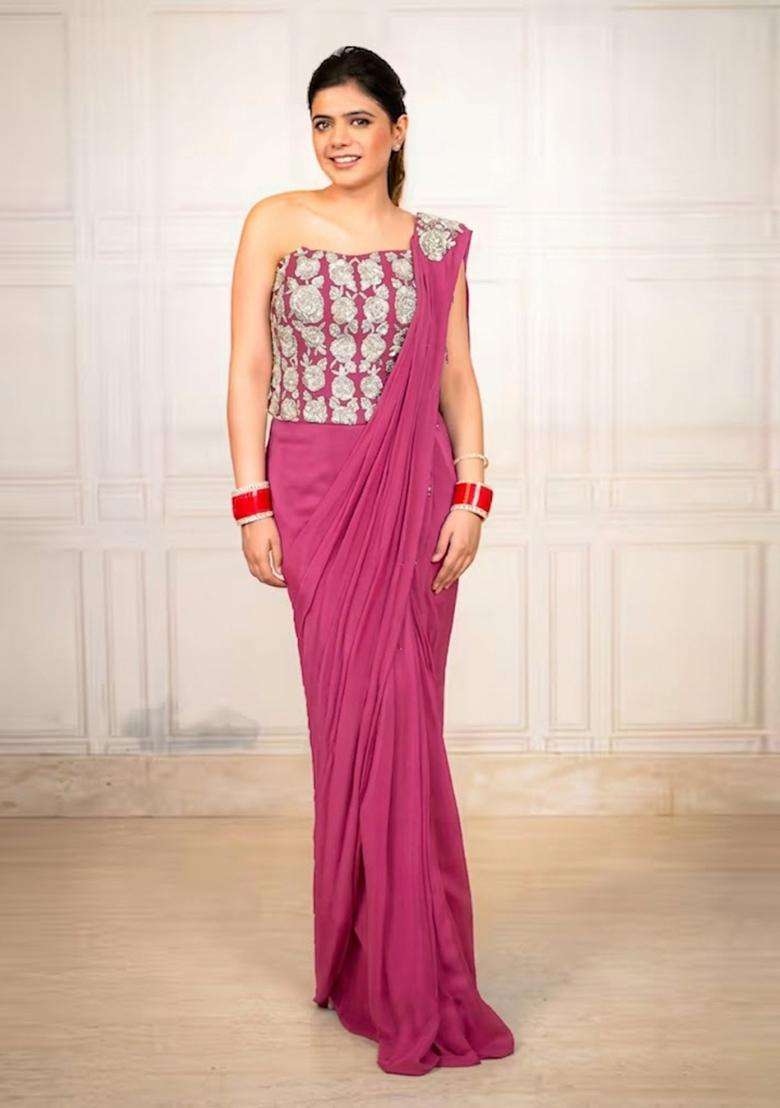 Pink Hand Work Chinon Pre Draped Saree Set - Indya