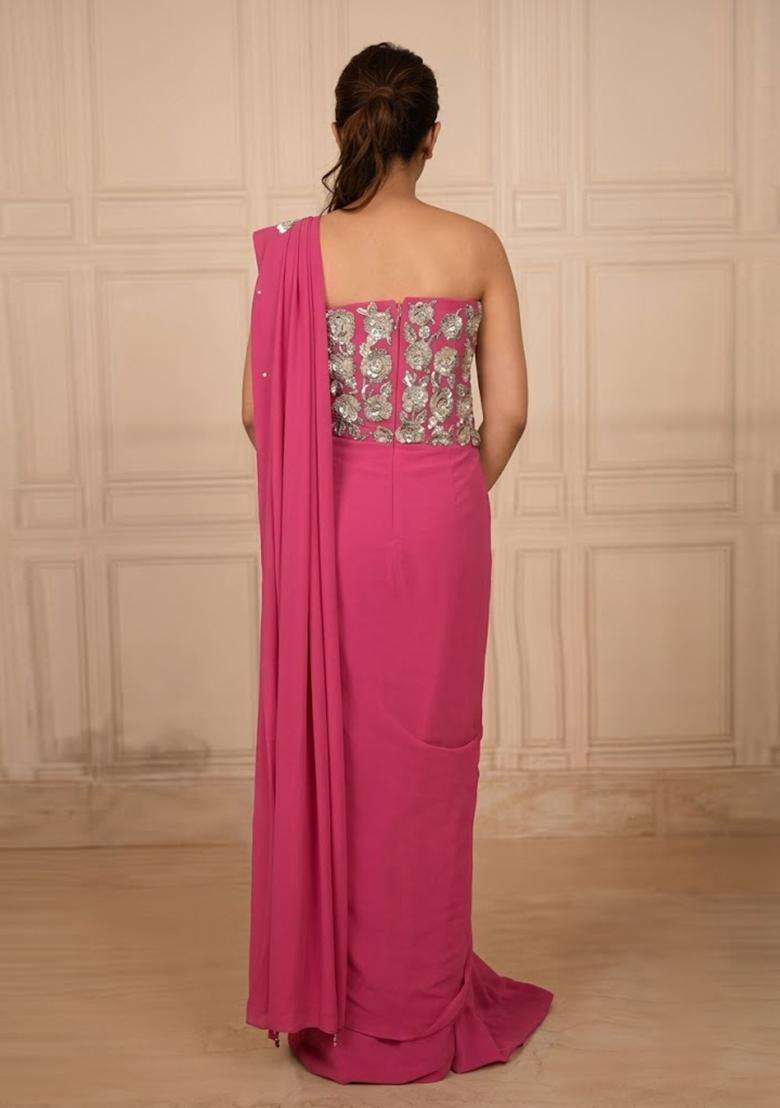 Pink Hand Work Chinon Pre Draped Saree Set - Indya