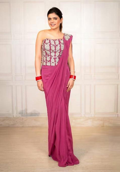 Pink Hand Work Chinon Pre Draped Saree Set