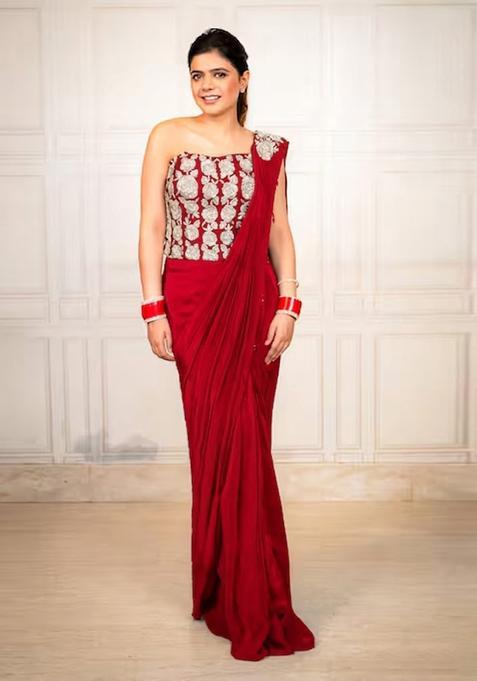 Red Hand Work Chinon Pre Draped Saree Set