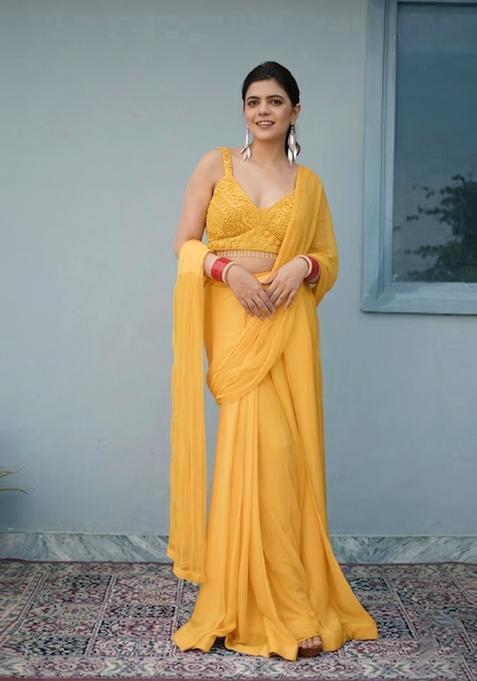 Yellow Hand Work Chinon Pre Draped Saree Set