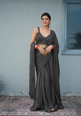 Charcoal Grey Hand Work Chinon Pre Draped Saree Set