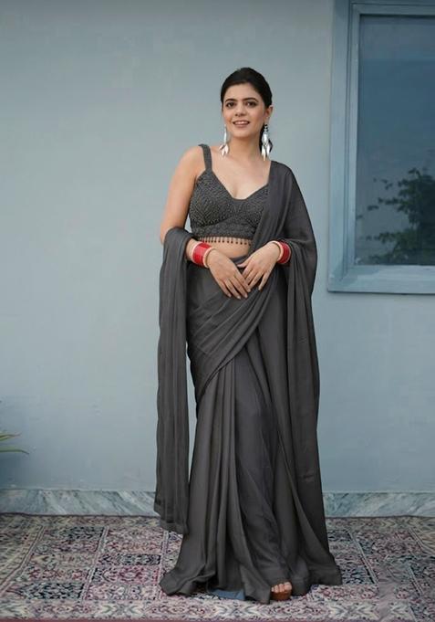 Charcoal Grey Hand Work Chinon Pre Draped Saree Set