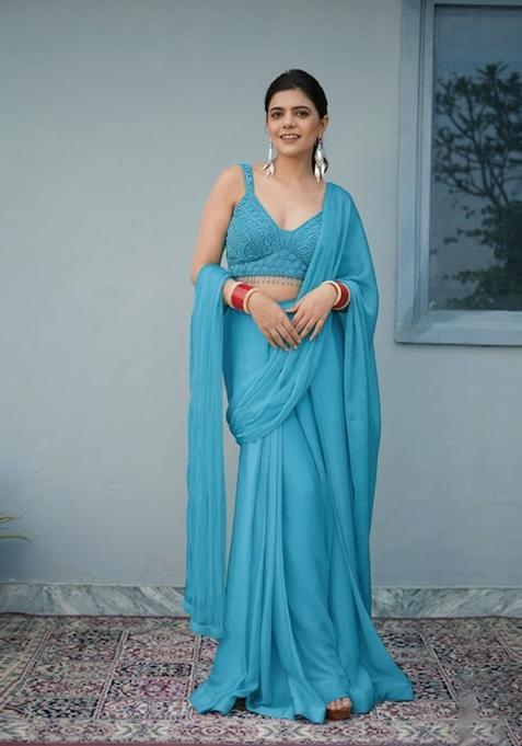 Sky Blue Hand Work Chinon Pre Draped Saree Set