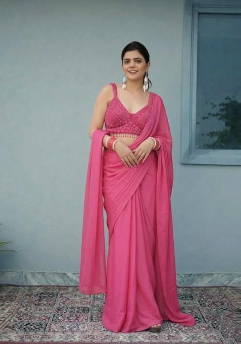 Pink Hand Work Chinon Pre Draped Saree Set