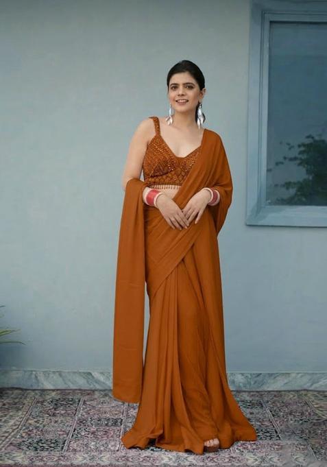 Rust Hand Work Chinon Pre Draped Saree Set