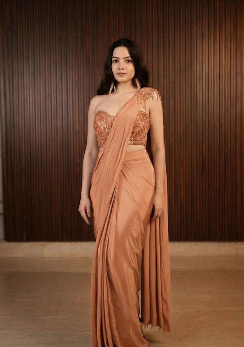Copper Hand Work Chinon Pre Draped Saree Set - Indya