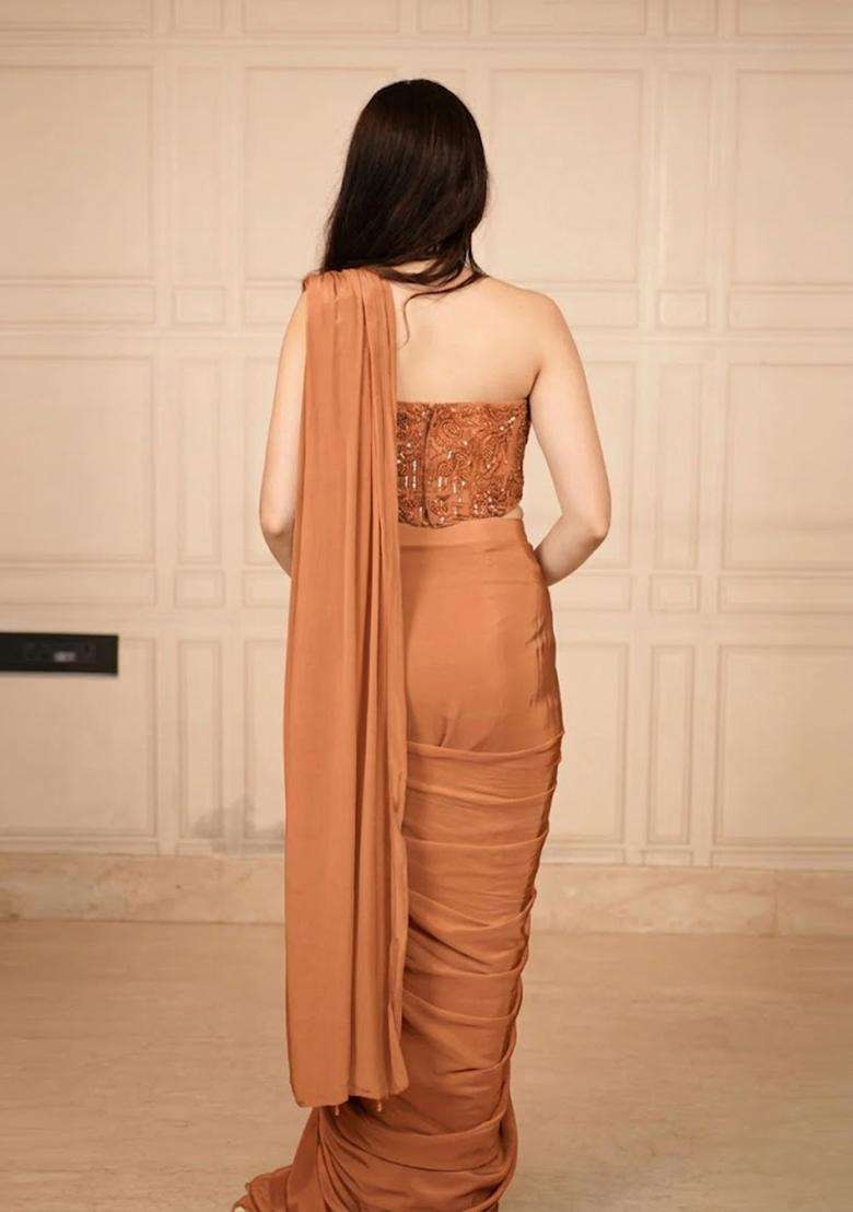 Copper Hand Work Chinon Pre Draped Saree Set - Indya