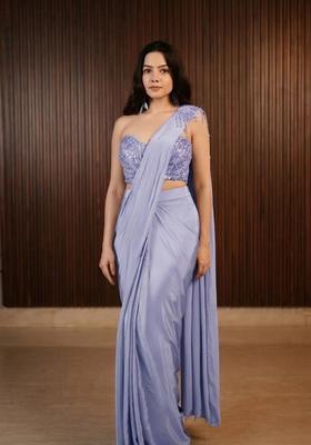 Lavender Hand Work Chinon Pre Draped Saree Set