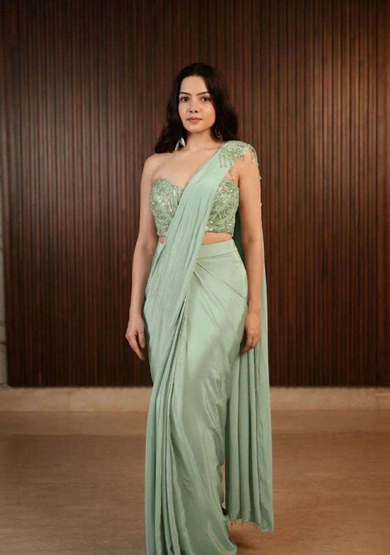 Sage Green Hand Work Chinon Pre Draped Saree Set - Indya