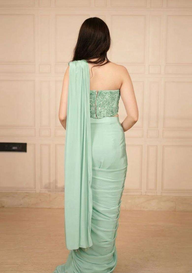 Sage Green Hand Work Chinon Pre Draped Saree Set - Indya