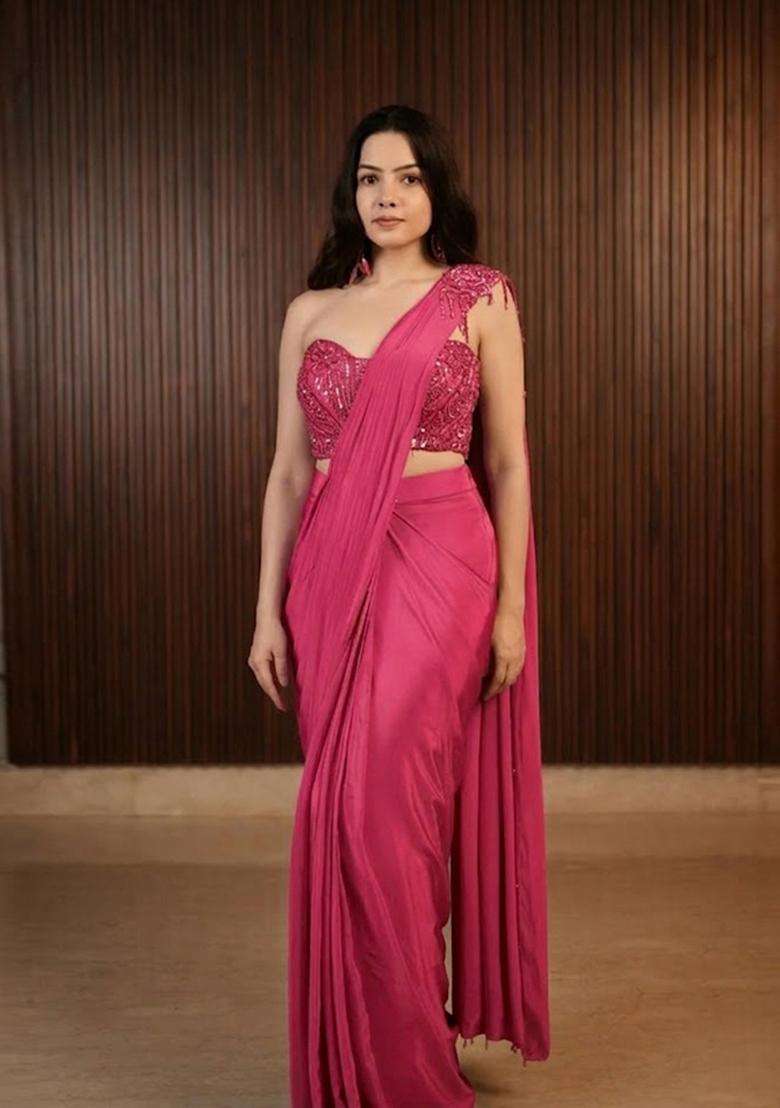 Pink Hand Work Chinon Pre Draped Saree Set - Indya
