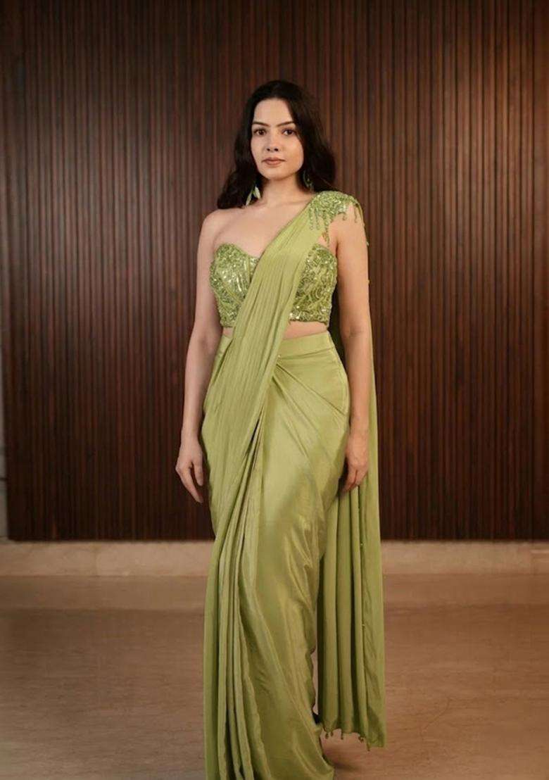 Olive Green Hand Work Chinon Pre Draped Saree Set - Indya