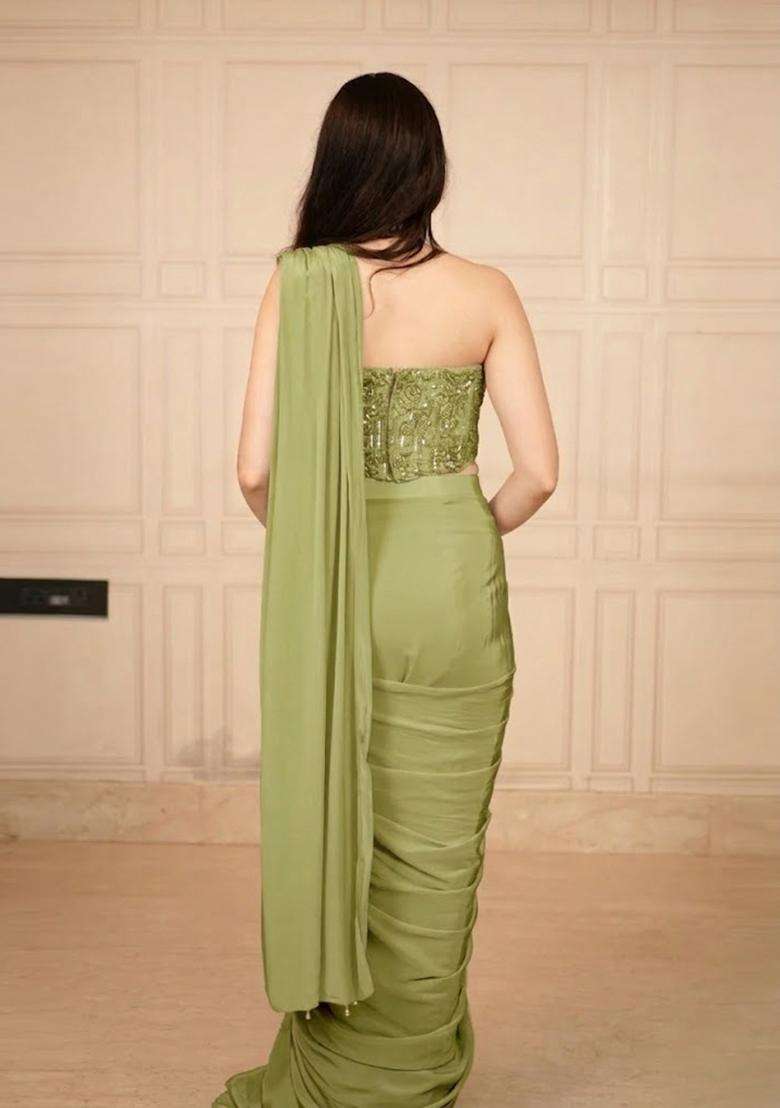 Olive Green Hand Work Chinon Pre Draped Saree Set - Indya