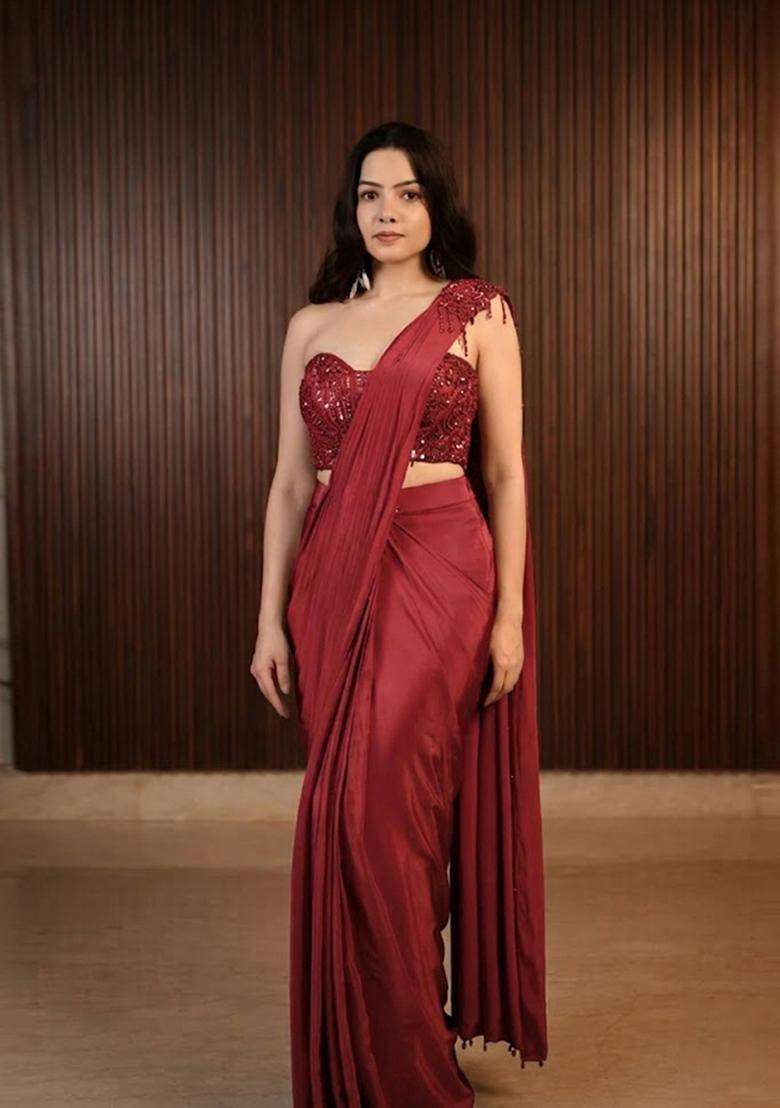 Red Hand Work Chinon Pre Draped Saree Set - Indya