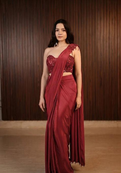 Red Hand Work Chinon Pre Draped Saree Set