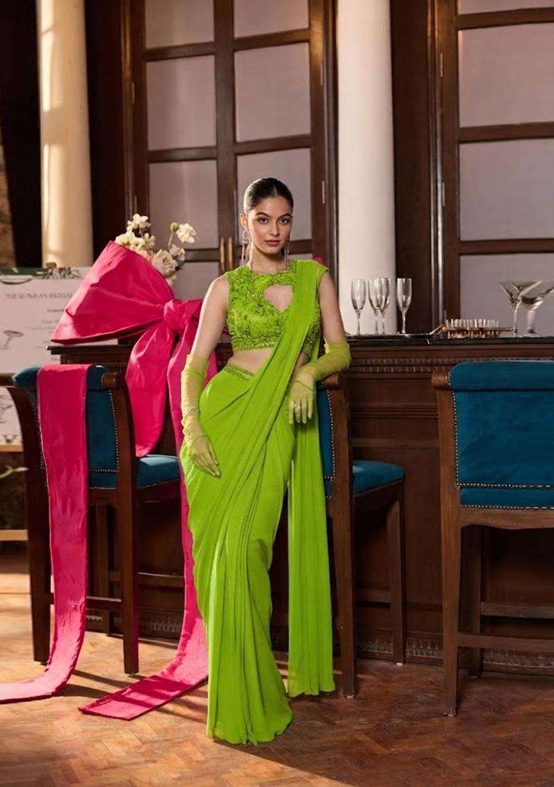 Lime Green Hand Work Chinon Pre Draped Saree Set - Indya