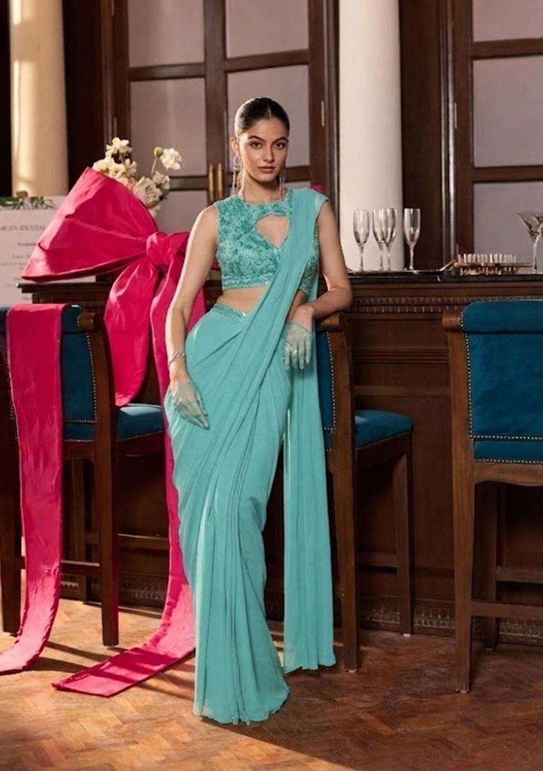 Aqua Blue Hand Work Chinon Pre Draped Saree Set - Indya