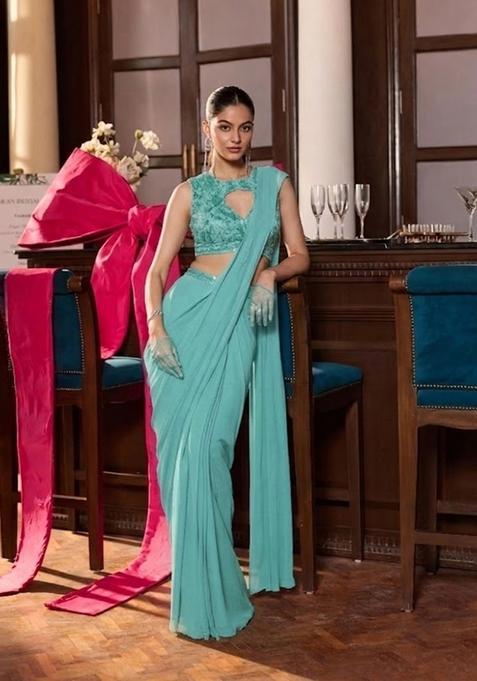 Aqua Blue Hand Work Chinon Pre Draped Saree Set