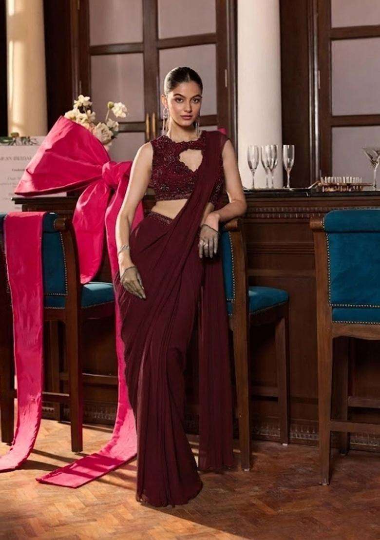 Wine Hand Work Chinon Pre Draped Saree Set - Indya