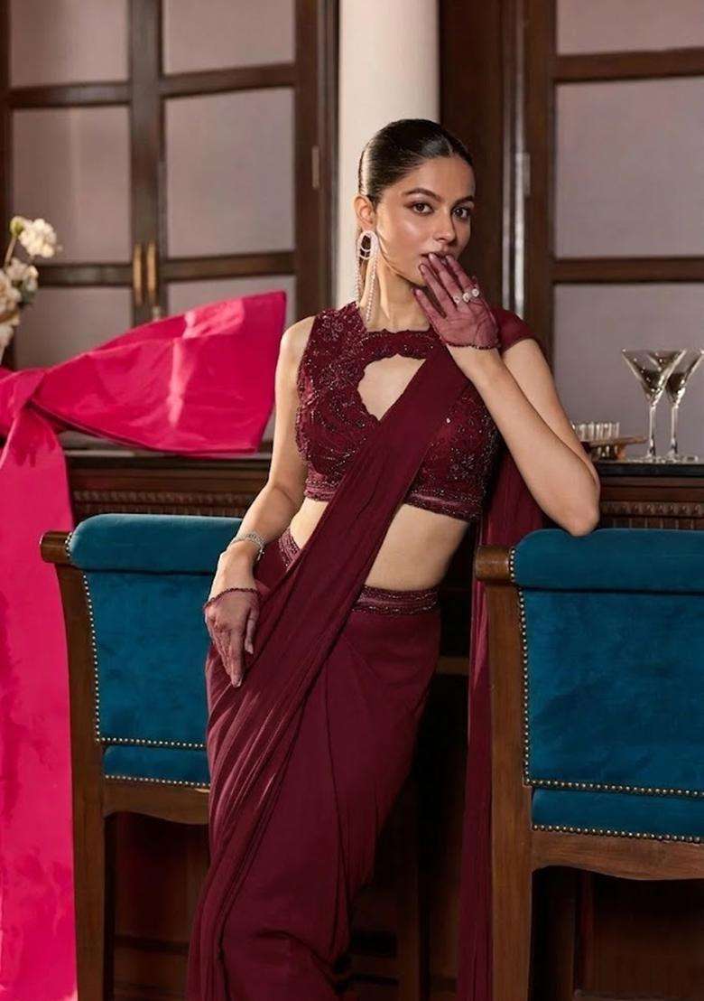 Wine Hand Work Chinon Pre Draped Saree Set - Indya