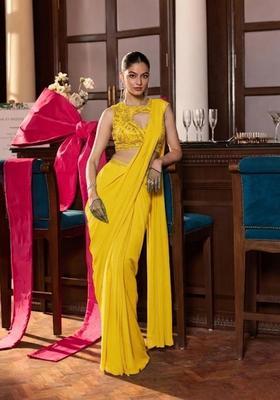 Lime Yellow Hand Work Chinon Pre Draped Saree Set