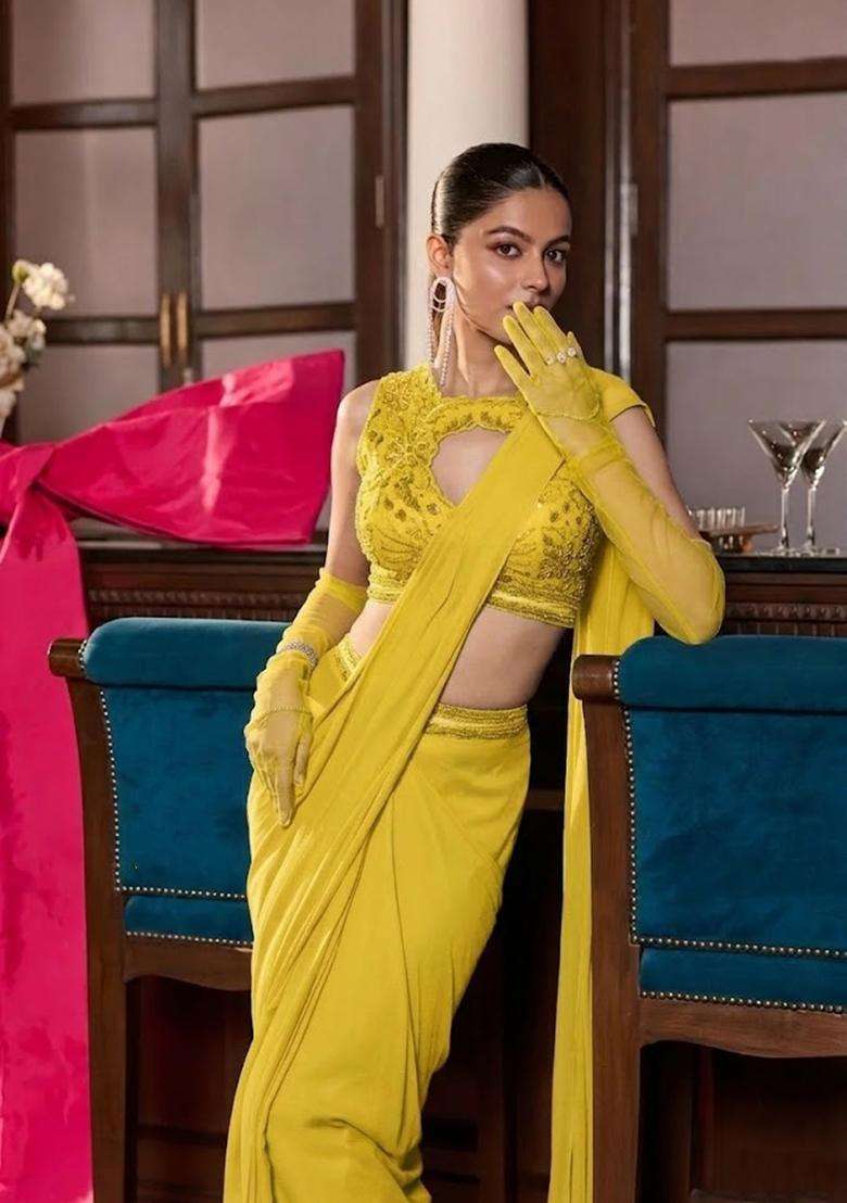 Lime Yellow Hand Work Chinon Pre Draped Saree Set - Indya