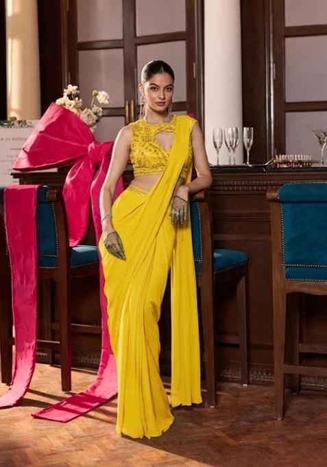 Lime Yellow Hand Work Chinon Pre Draped Saree Set