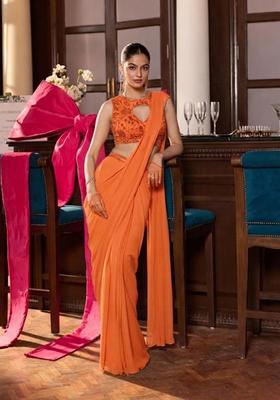 Orange Hand Work Chinon Pre Draped Saree Set
