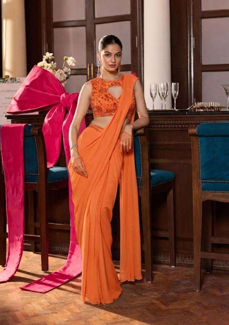 Orange Hand Work Chinon Pre Draped Saree Set - Indya