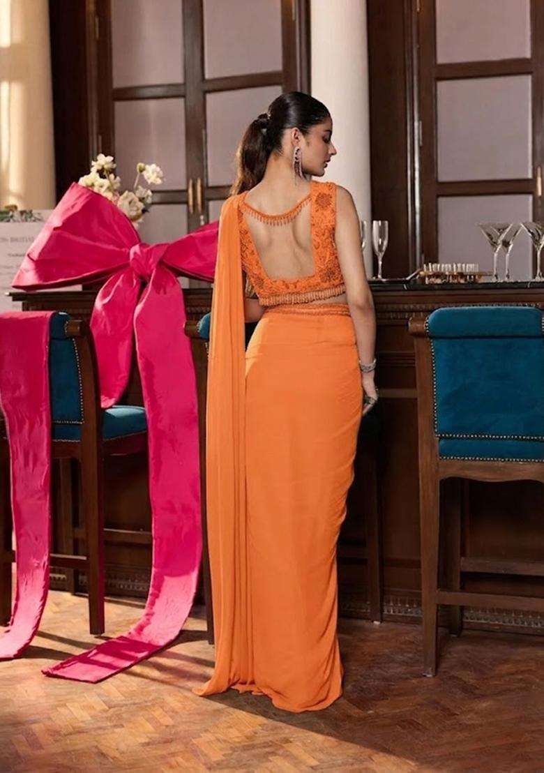 Orange Hand Work Chinon Pre Draped Saree Set - Indya