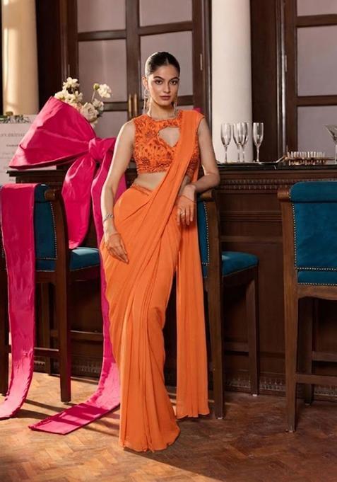 Orange Hand Work Chinon Pre Draped Saree Set