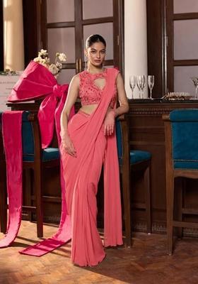 Coral Pink Hand Work Chinon Pre Draped Saree Set