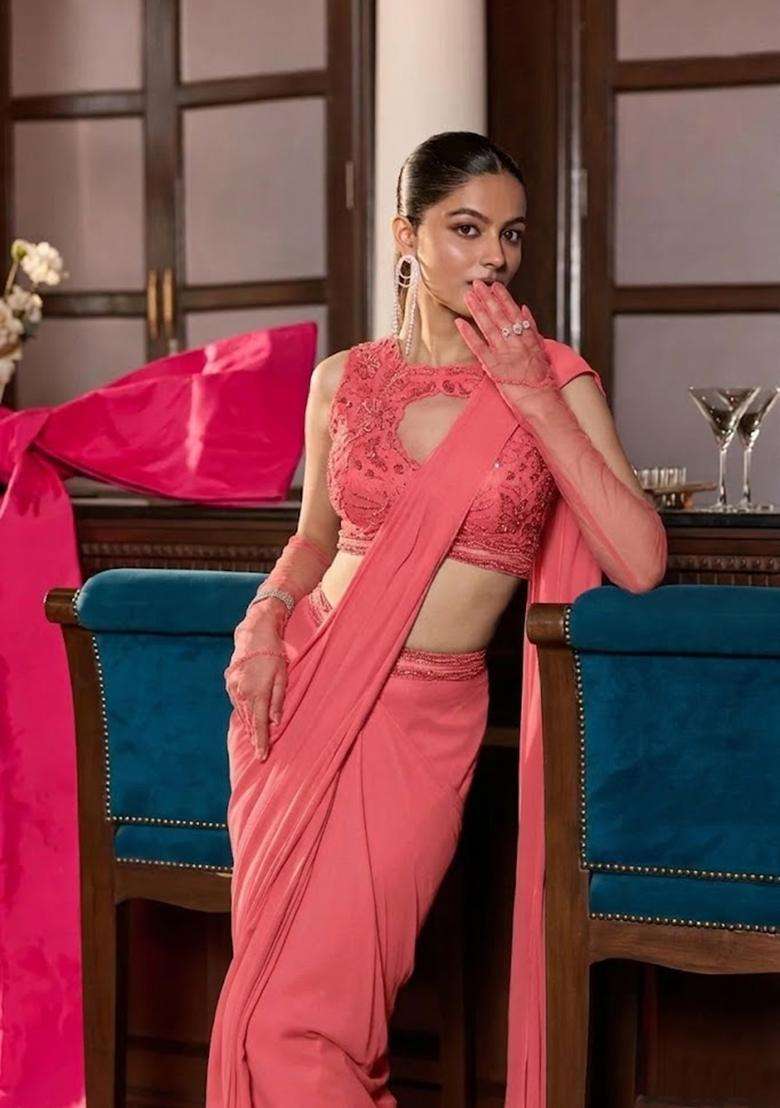 Coral Pink Hand Work Chinon Pre Draped Saree Set - Indya