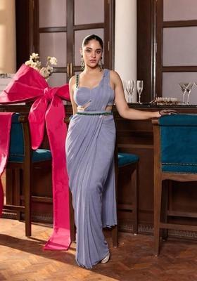 Lavender Hand Work Chinon Pre Draped Saree Set