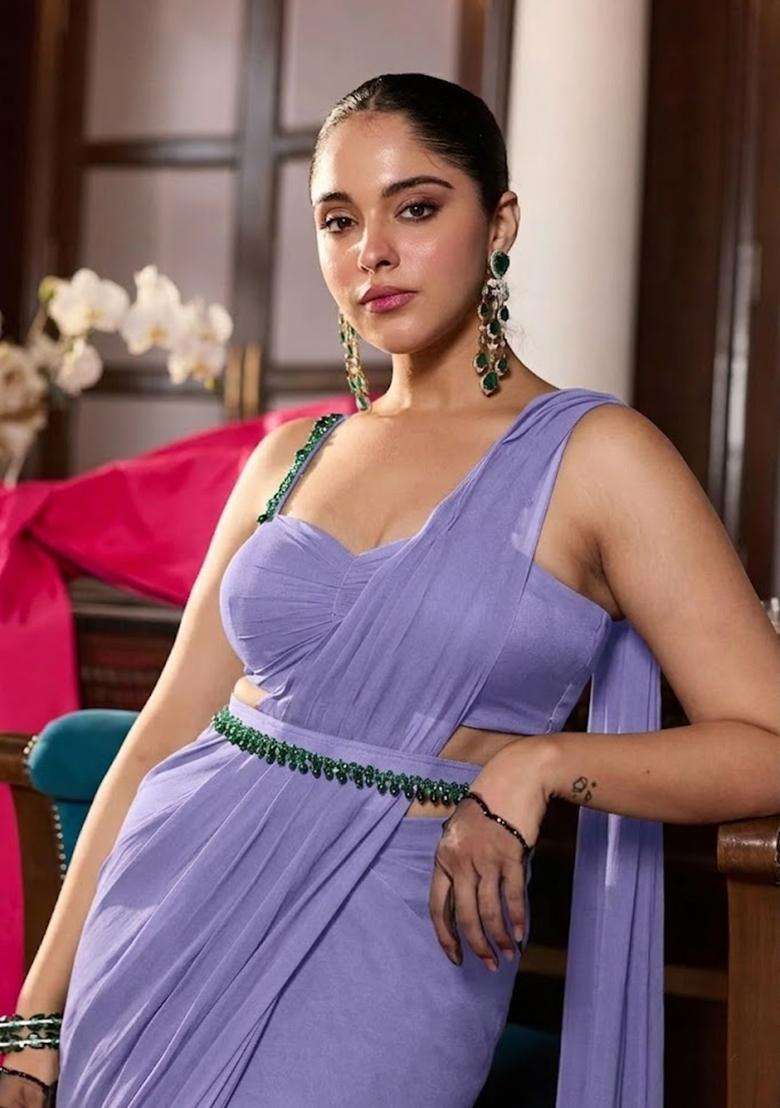 Lavender Chinon Pre Draped Saree Set with Hand Work for Diwali | Wedding & Festive Wear - Indya