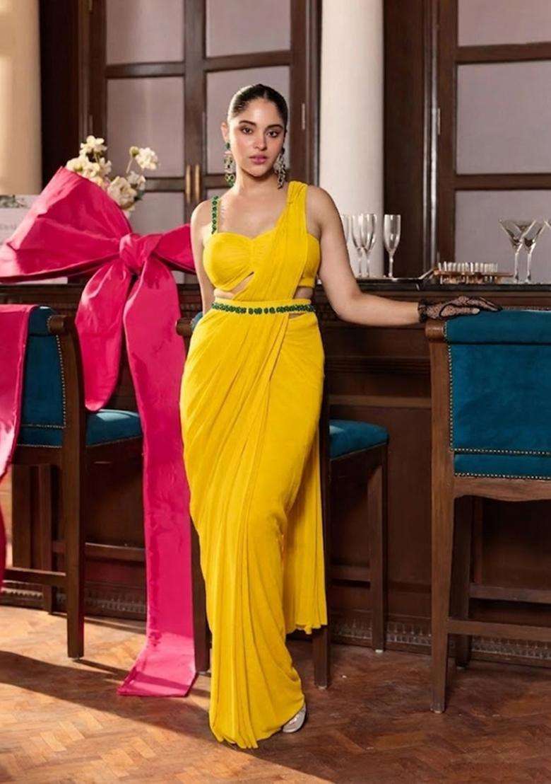 Yellow Hand Work Chinon Pre Draped Saree Set for Diwali and Festive Wear - Indya
