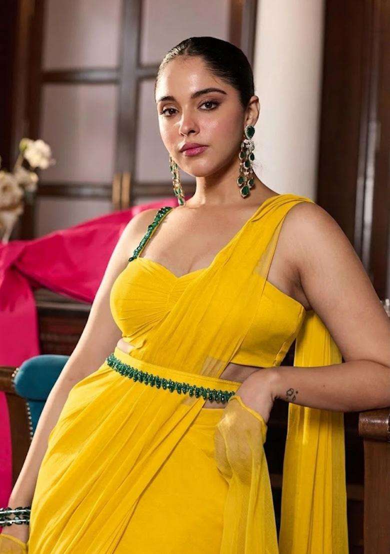 Yellow Hand Work Chinon Pre Draped Saree Set for Diwali and Festive Wear - Indya