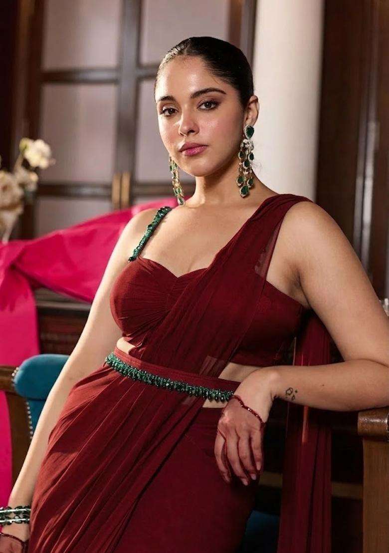 Deep Red Chinon Pre Draped Saree Set with Hand Work for Diwali | Wedding & Festive Wear - Indya