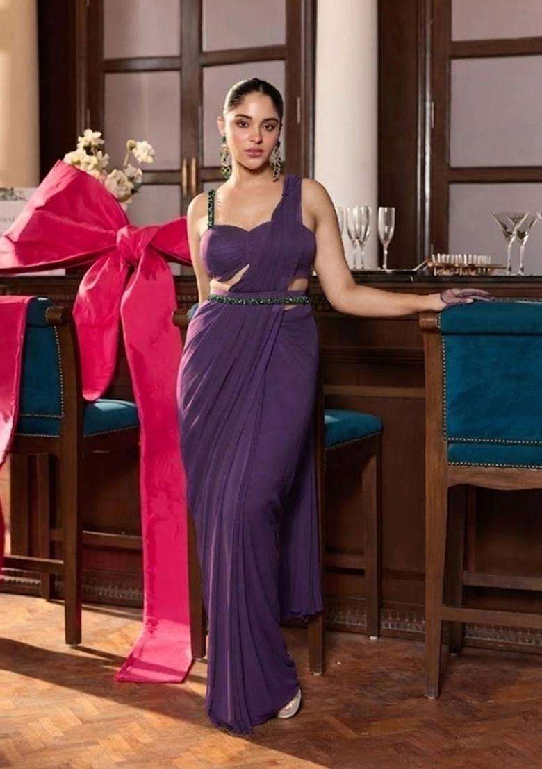 Purple Hand Work Chinon Pre Draped Saree Set for Diwali and Festive Wear - Indya