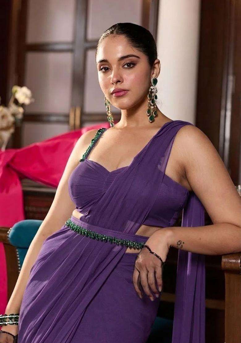 Purple Hand Work Chinon Pre Draped Saree Set for Diwali and Festive Wear - Indya
