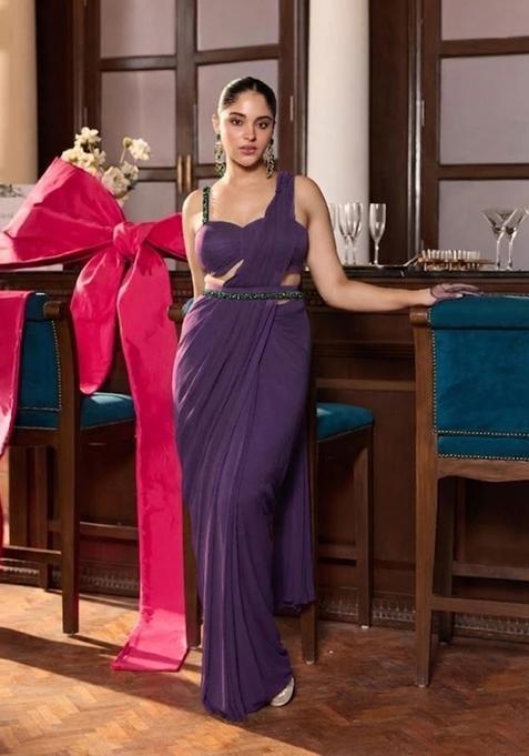 Purple Hand Work Chinon Pre Draped Saree Set