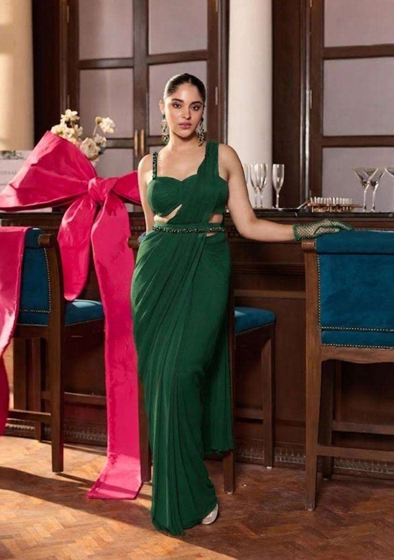 Dark Green Hand Work Chinon Pre Draped Saree Set for Diwali and Festive Wear - Indya