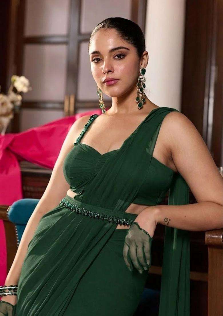 Dark Green Hand Work Chinon Pre Draped Saree Set for Diwali and Festive Wear - Indya