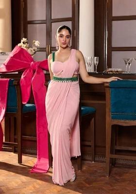 Baby Pink Hand Work Chinon Pre Draped Saree Set